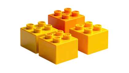 Four colorful plastic construction blocks arranged, isolated against a stark black background