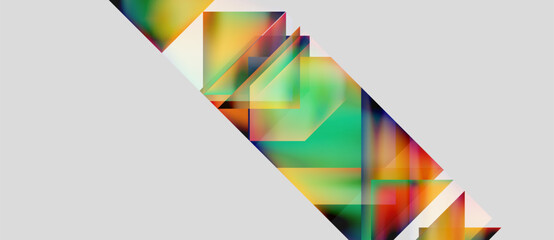 Abstract geometric shapes overlap, creating vibrant color blends. Diagonal composition dominates white background. Modern design elements present.