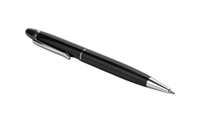 Glossy black pen with silver accents, angled on a black background