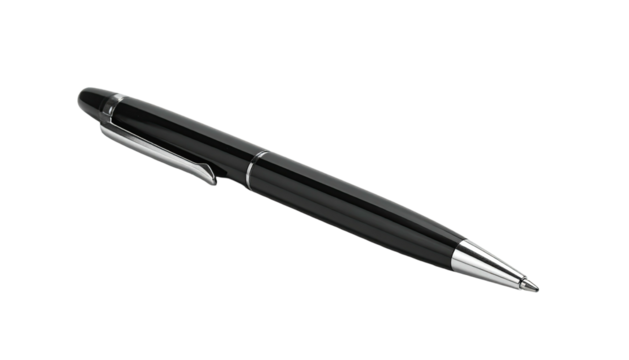 Glossy black pen with silver accents, angled on a black background