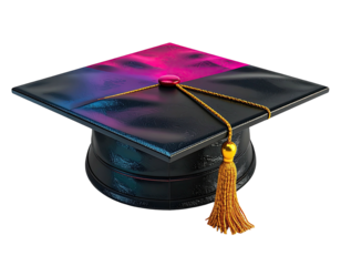 Shiny black mortarboard with tassel, lit with pink and blue highlights, isolated