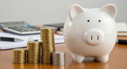 A white piggy bank sits on a wooden table alongside a pile of gold and silver coins. In the background are a calculator and documents.