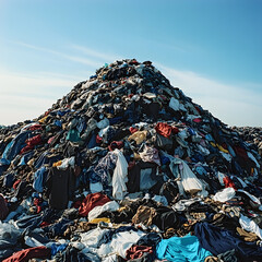Massive pile of discarded clothing and textiles in a landfill under a clear sky