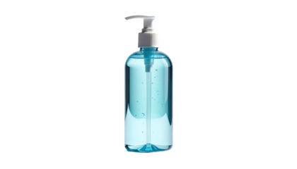 Clear bottle with pump dispensing bright blue liquid on a black background