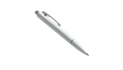 A sleek, white writing instrument with a silver clip rests against a pure black backdrop