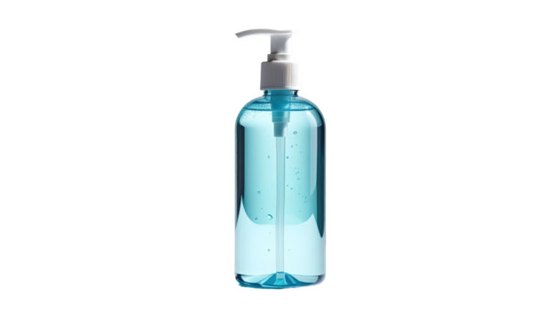 Clear bottle with pump dispensing bright blue liquid on a black background