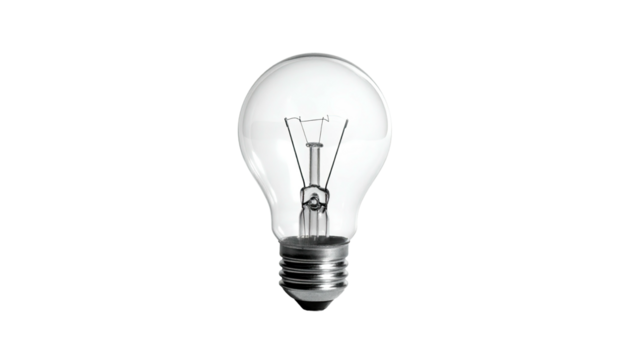 A classic, transparent lightbulb, filament inside, against a stark black background