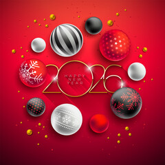 2026 Happy New Year Greeting Card Design with 3D Typography Number and Christmas Ball on Red Background. Holiday Illustration with Christmas Ornaments for Calendar, Flyer, Banner, Celebration Poster