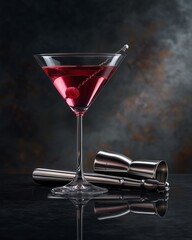 Crimson Martini: A seductive and refined image showcasing a classic crimson martini. Set on a textured surface and accompanied by professional bar tools.