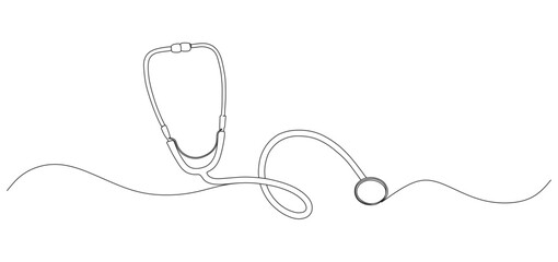 Continuous line drawing illustration of a stethoscope with a wavy tube design. The minimalist medical artwork represents healthcare, diagnostics, and the essential role of doctors and nurses