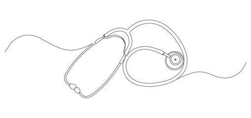 Continuous line drawing illustration of a stethoscope arranged in a neat and minimalist style. The simple outline represents healthcare, medicine, diagnostics, and the essential role of doctors 