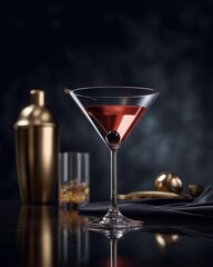 Elegant Martini: A perfectly poured martini, adorned with a single olive, sits poised beside a golden cocktail shaker and a simple tumbler, all set against a moody, dark backdrop.