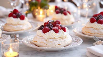 Plated pavlova elegant restaurant setting premium dining atmosphere whipped cream berries fine dining dessert presentation