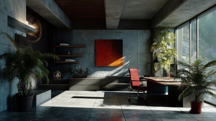 Modern Executive Office: A contemporary office setting with a sleek desk, art, and verdant indoor plants against a backdrop of large windows, blending modern aesthetics with nature.