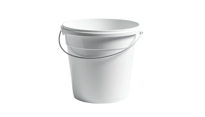 A clean, white plastic bucket with a silver handle isolated against a black background