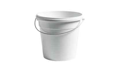 A clean, white plastic bucket with a silver handle isolated against a black background