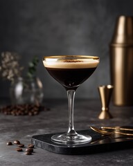 Espresso Martini: A sophisticated espresso martini sits gracefully, its dark, rich depths inviting a moment of indulgent pleasure, with a golden rim. the perfect harmony of coffee and cocktails. 