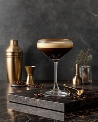 Espresso Martini: A visually stunning, perfectly crafted espresso martini, set against a backdrop of elegant accessories, showcasing the drink's rich color and sophisticated aesthetic.