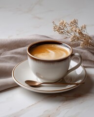 Cup of Morning Comfort: A captivating shot of a warm cup of coffee, gently steaming, the rich aroma of freshly brewed coffee fills the air, inviting warmth, comfort and satisfaction.