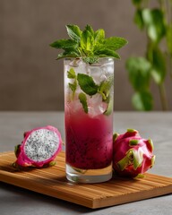 Dragon Fruit Delight: A vibrant close-up of a refreshing drink, featuring dragon fruit and mint leaves, served in a tall glass on a wooden board