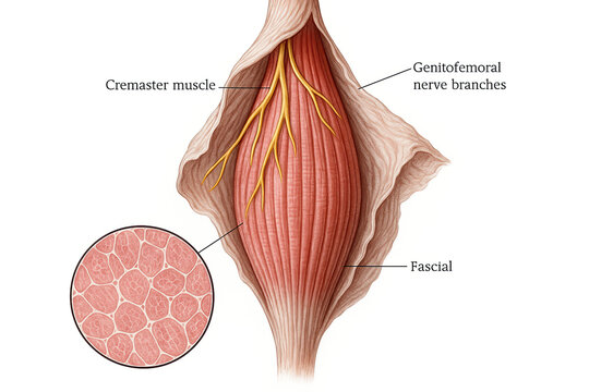 Detailed illustration of the cremaster muscle with genitofemoral nerve branches and a magnified view of muscle fibers.