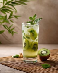 Kiwi Cocktail Refreshment: A chilled glass of refreshing kiwi cocktail, garnished with fresh mint sprigs and surrounded by slices of fresh kiwi fruit, and the elegant.