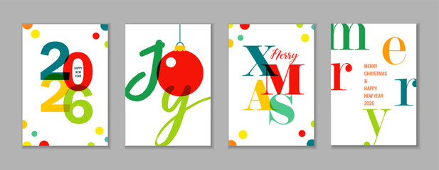 Happy New Year 2026 and Merry Christmas colorful typography posters set. Modern design for Happy New Year and Christmas greeting cards or calendar covers. Vector illustration