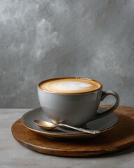 Coffee Bliss: An artful composition of a steaming cup of cappuccino or latte, a saucer, and a spoon create a minimalist setting