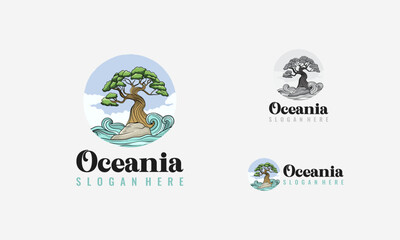 vintage tree logo design illustration, Bonsai Tree with Ocean Wave Logo,