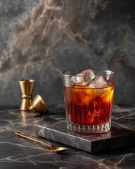 A Refreshing Sip: A vibrant glass, filled with a crimson-hued beverage and ice cubes.  The scene is set against a dark, marble-like surface.