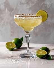 Elegant Margarita: A refreshing margarita, perfectly garnished with lime, stands gracefully on a surface, surrounded by fresh citrus, inviting you to savor the moment.