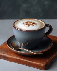 Aromatic Cappuccino: A close-up captures a steaming cup of cappuccino on a saucer, adorned with a dusting of cocoa powder on frothy milk, next to a spoon on a wooden surface.