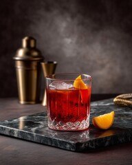 Negroni Cocktail with Orange Garnish: An elegant Negroni cocktail, a delightful mix of spirits, presented in a beautifully cut glass, garnished with a vibrant orange twist.