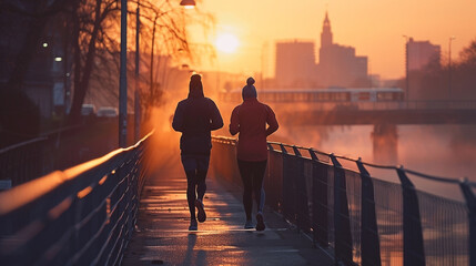 Two athletes running at sunrise across a bridge in the city for fitness
