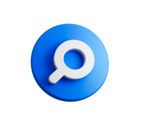 Modern 3D search icon on blue button. Perfect for web and apps. 3D illustration