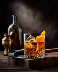 Whiskey Cocktail Elegance: A beautifully crafted whiskey cocktail, presented in a crystal glass with a vibrant orange peel garnish. A touch of refined sophistication. 