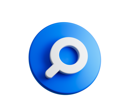 Modern 3D search icon on blue button. Perfect for web and apps. 3D illustration
