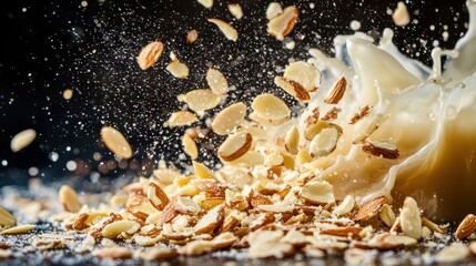 Almond slice scatter dynamic splash motion photography liquid milk culinary ingredient movement kitchen action dramatic freeze moment