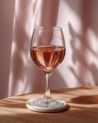 A Glass of Rosé Wine: A single glass of rosé wine sits on a wooden surface, a perfect blend of refreshment and elegance. The drink is shown in full view, creating a sense of luxury and peace.