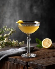 Golden Hour Cocktail: An elegant cocktail sits serenely, garnished with a zest of lemon, set against a backdrop of rustic charm. A perfect still life of refined tastes.
