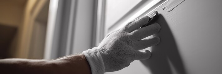 Obraz premium Close-up of gloved hand sanding wooden surface for smooth finish