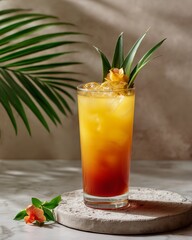 Tropical Elixir: A vibrant and refreshing cocktail, artfully presented with fresh fruit accents, beckons the viewer. With an elegant dance of colors.