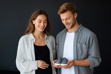 Expectant couple celebrating pregnancy with baby shoes, caucasian male and female adults