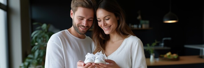 Joyful caucasian couple expecting baby holding tiny shoes in cozy home setting