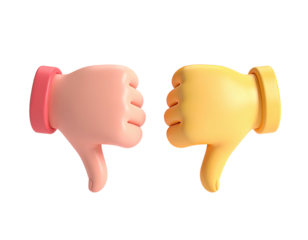Two 3D thumbs-down gestures, one pink, one yellow, against a stark black backdrop
