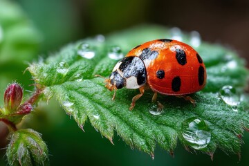 Obraz premium Ladybug on a Dewy Green Leaf Close Up