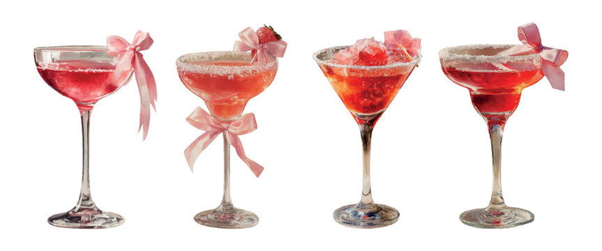 Set of vintage watercolor cocktails decorated with pink bow. Martini glasses with alcoholic drinks sprinkled with sugar on the rim and decorated with bow. Retro bar drinks.
