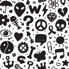 Doodle symbol mashup seamless pattern. Vector illustration flat design background. 