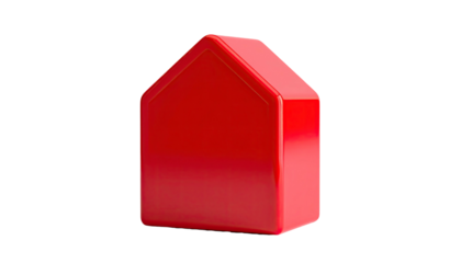 A glossy, red three-dimensional house shape, centered against a stark black backdrop