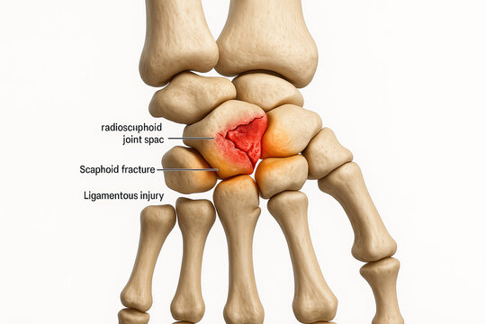 Anatomical illustration of a fractured scaphoid bone and ligamentous injury in the wrist
